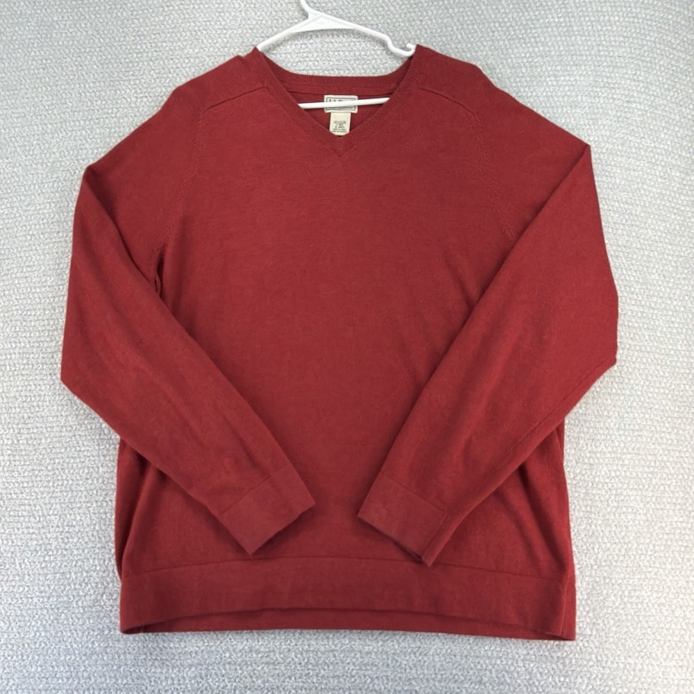 LL Bean Cotton Cashmere Sweater Men's Large Red V-Neck Pullover Lightweight